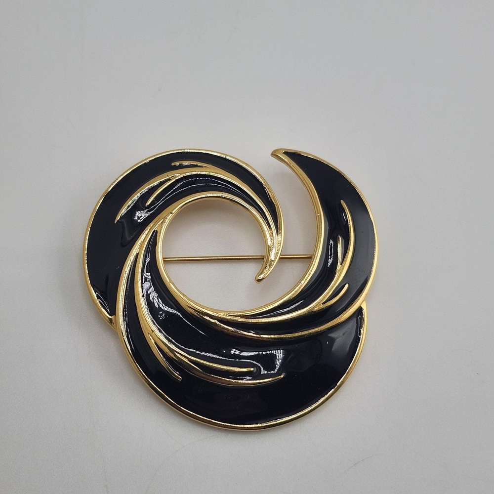 Monet Vintage Abstract Pin Brooch Black Enamel‎ Gold Chunky Signed 1980s Vintage